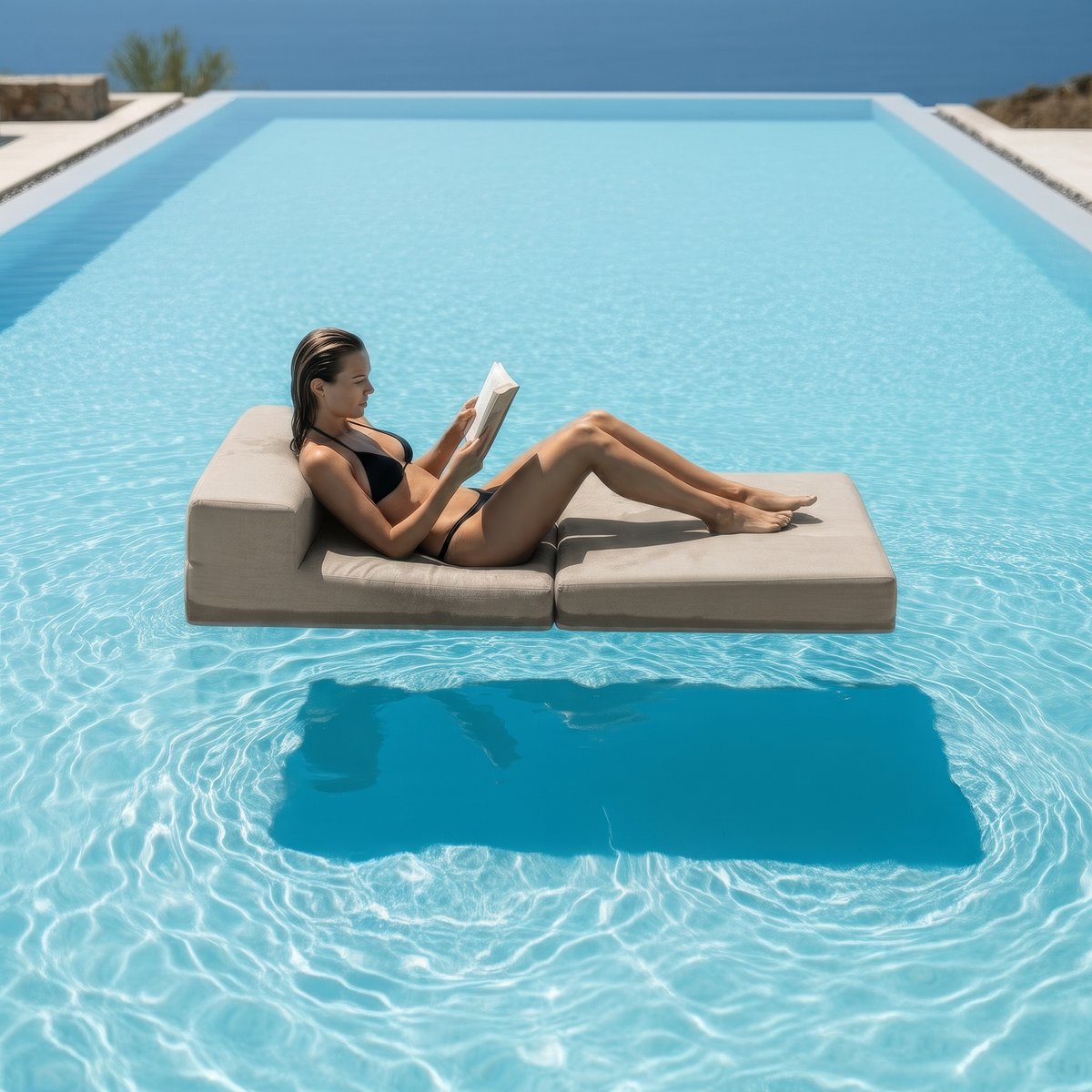 VEEP Sun Lounge in Beige als aufblasbare Pool-Liege mit lesender Frau im Infinity-Pool